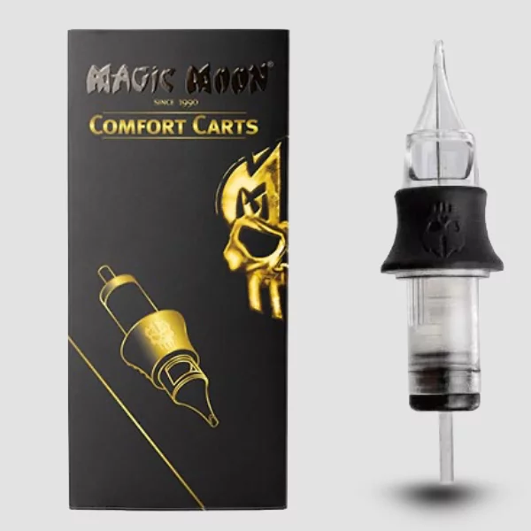 Magic Moon Comfort Cartridges Round Liner Verpackung und Cartridge frontal Magic Moon Comfort Cartridges Round Liner Cartridge mit schwarzem Comfort-Grip freigestellt Magic Moon Comfort Cartridges Round Liner Produktverpackung in Schwarz-Gold Magic Moon C